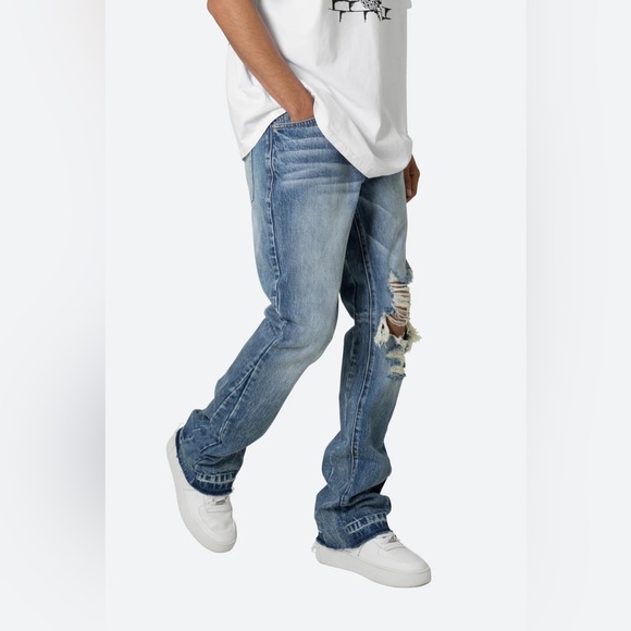 MNML Flare Blue Denim Jeans Distressed - Picture 11 of 13